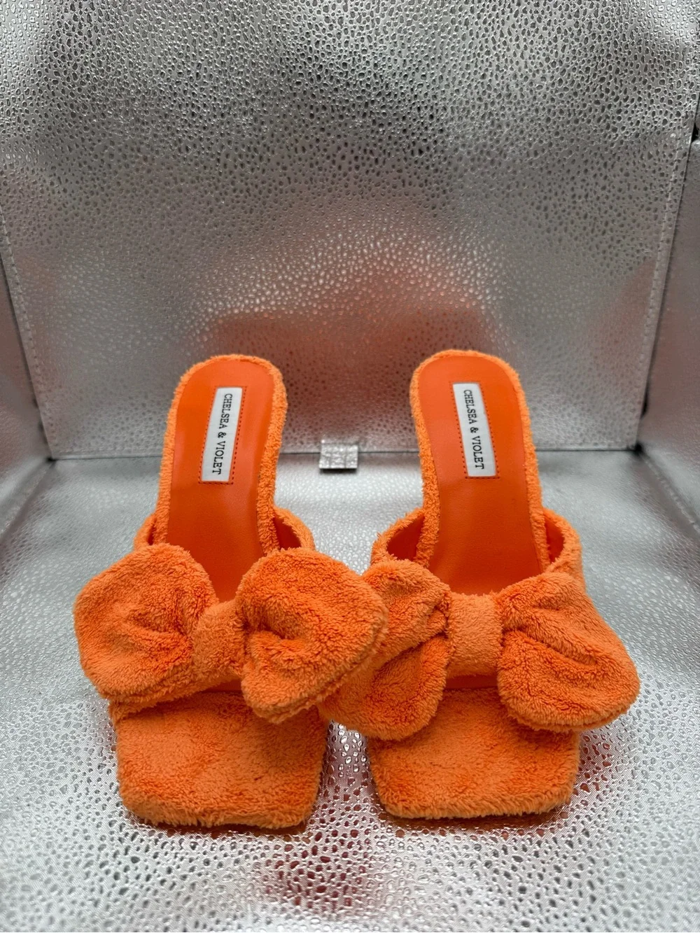 Chelsea & Violet Orange Plush Bow Slide Mules